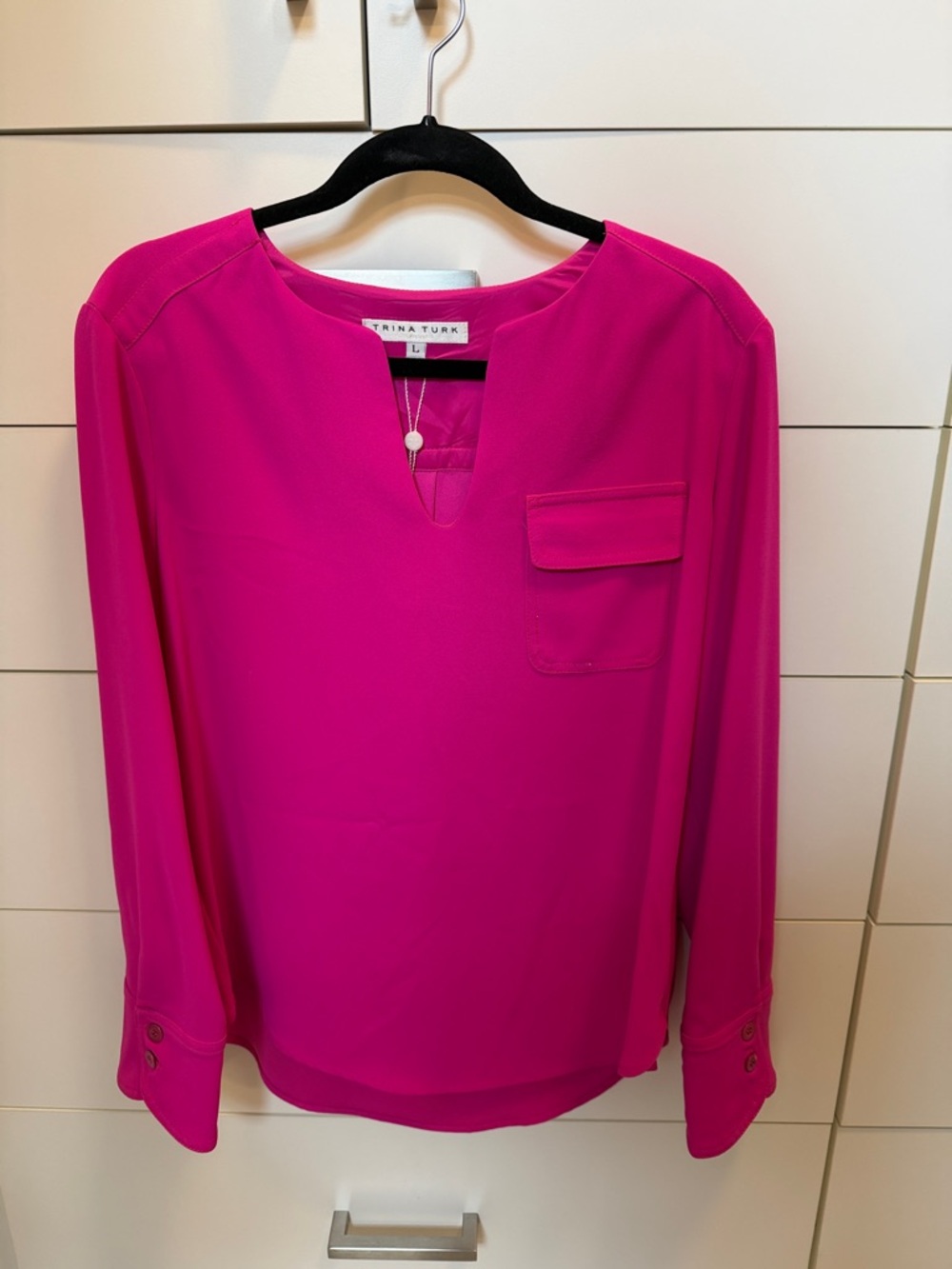 Trina Turk Fuchsia Split-Neck Long Sleeve Blouse